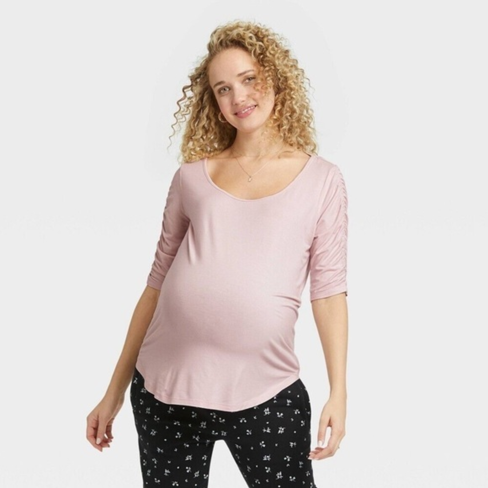 Elbow Sleeve Scoop Neck‎ Shirred Maternity T-Shirt Pink M
